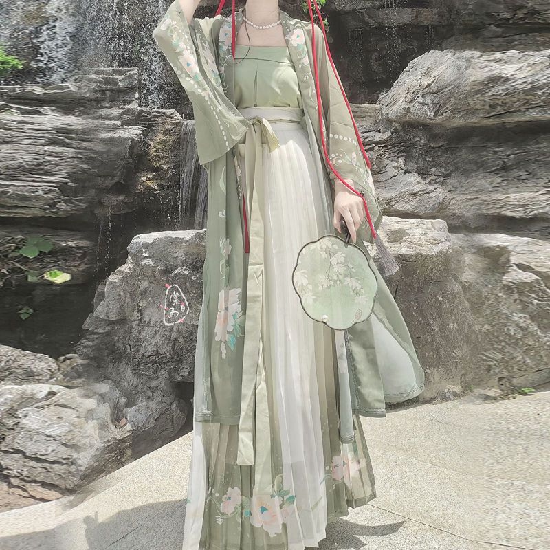 国潮新款清辞汉服女宋制印花长干寺齐腰百褶裙日常清新春夏秋款