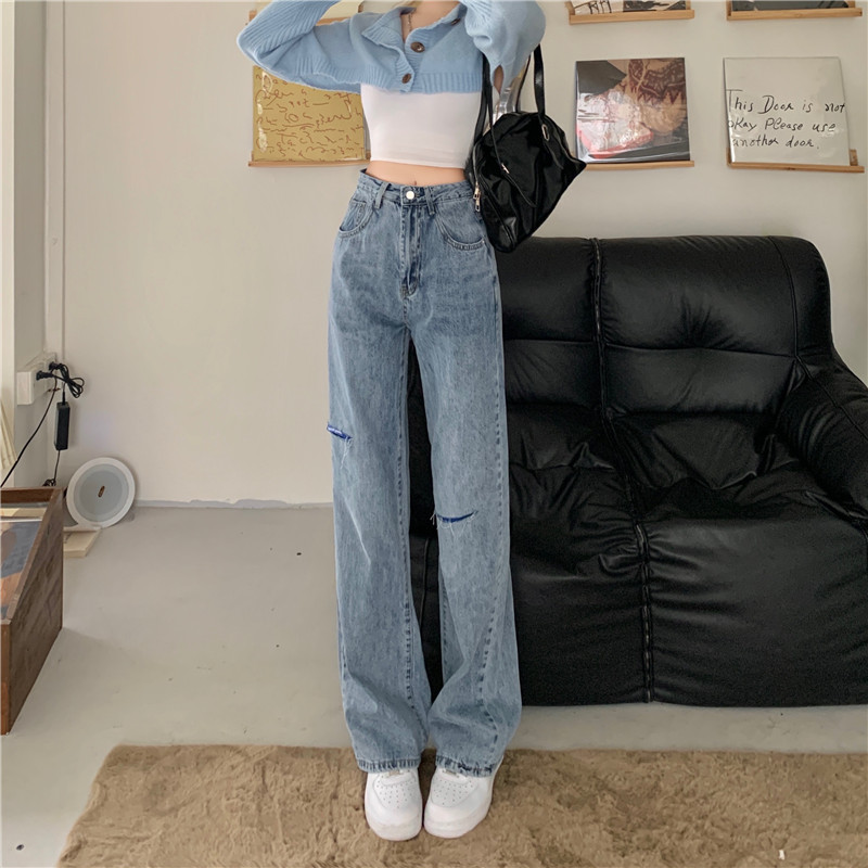 Ripped jeans for women's summer 2022 new design, high-waisted and slimming wide-leg pants, ins style straight-leg long pants details Picture