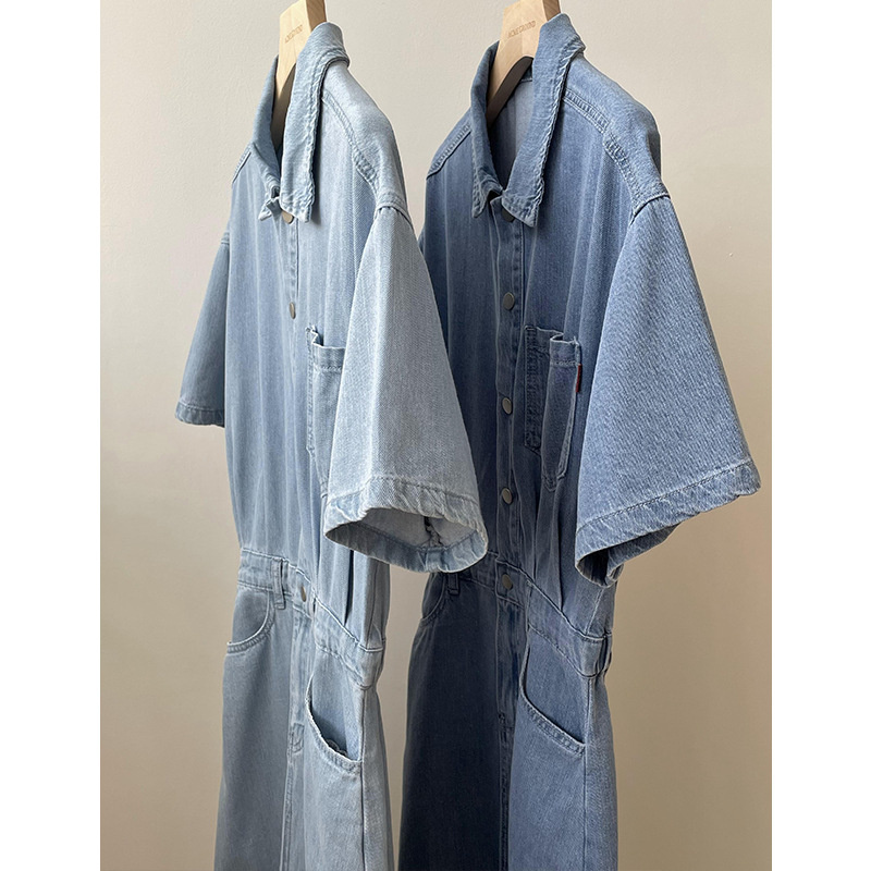Short short vestido de manga corta verano 2022 nuevo estilo retro solapa de solo botón cerrado cintura denim a-line falda mujer 10999 Item Picture