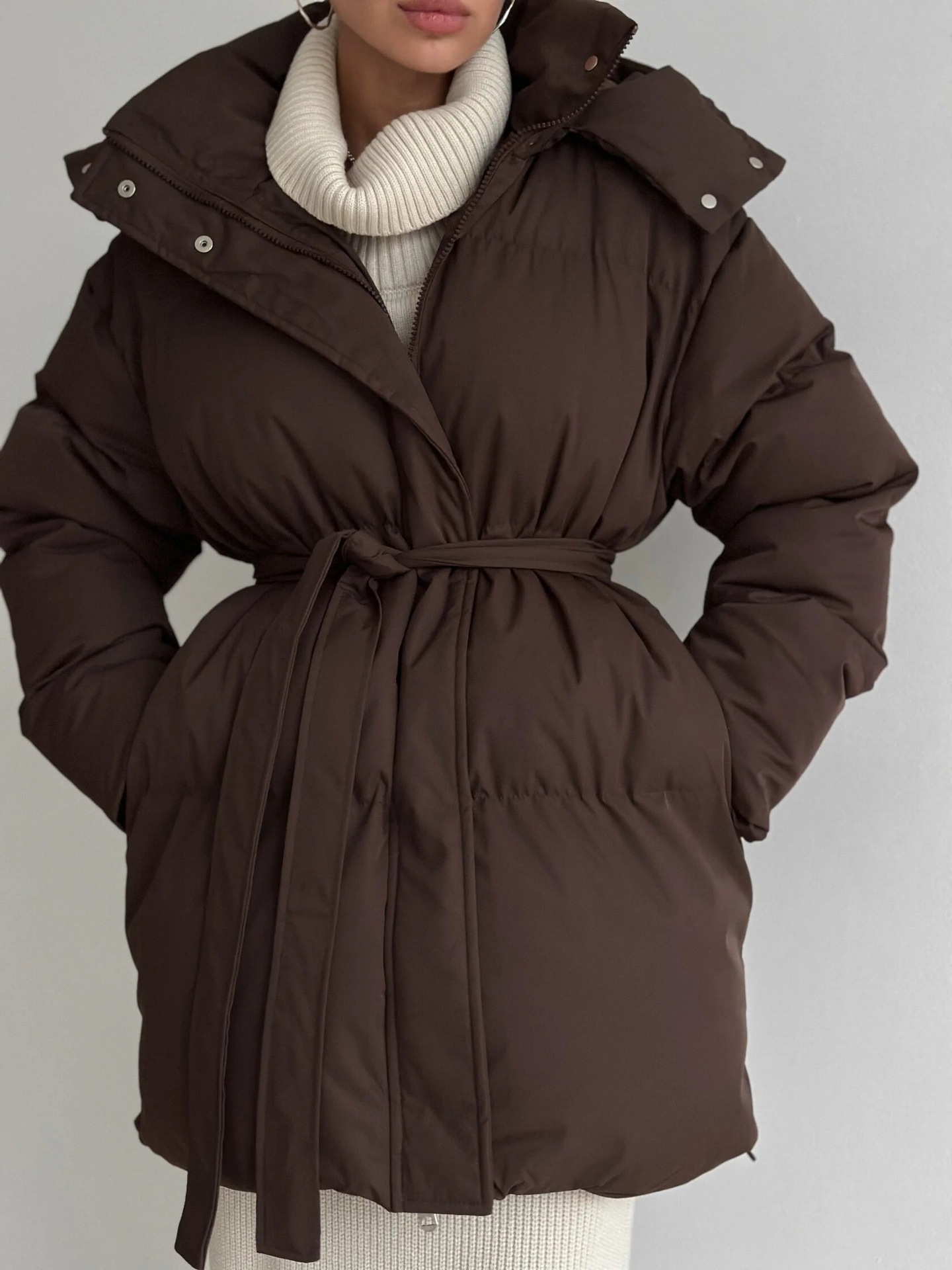 European and American style 2025 casual waist-cinching slimming hooded mid-length bread cotton-padded jacket for women, thickened cotton-padded jacket jacket in brown pic 15