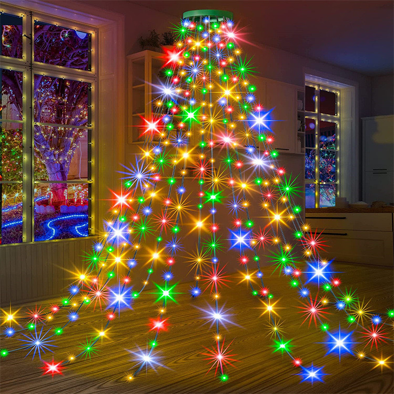 New LED circular tree top light, Christmas tree light, low-voltage five-pointed star waterfall hanging tree flowing water, Christmas LED light string Specification drawing