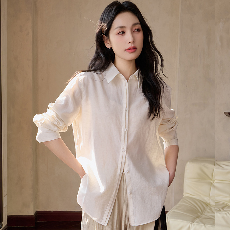 现货春季新款亚麻翻领长袖衬衫气质时尚宽松上衣休闲百搭衬衣女装