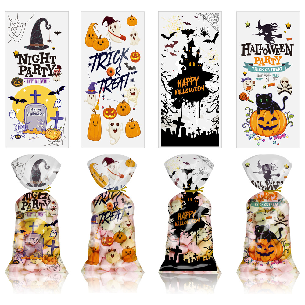 跨境万圣节4联组合图案糖果袋万圣节礼品袋猫咪南瓜女巫图案彩印