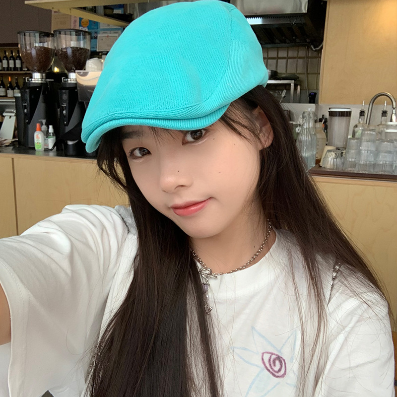 Dopamine blue-green beret, simple and retro pure cotton front hat, artistic and versatile vintage short-brimmed baseball cap