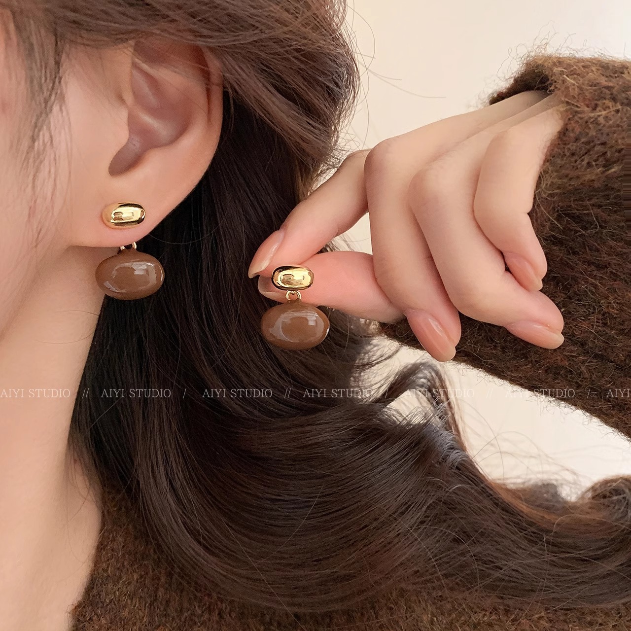 S925 Silver Needle Maillard Bean Earring Girl 2023 New Style Earrings Light Luxury High-Grade Style Retro Small Earrings Specification drawing
