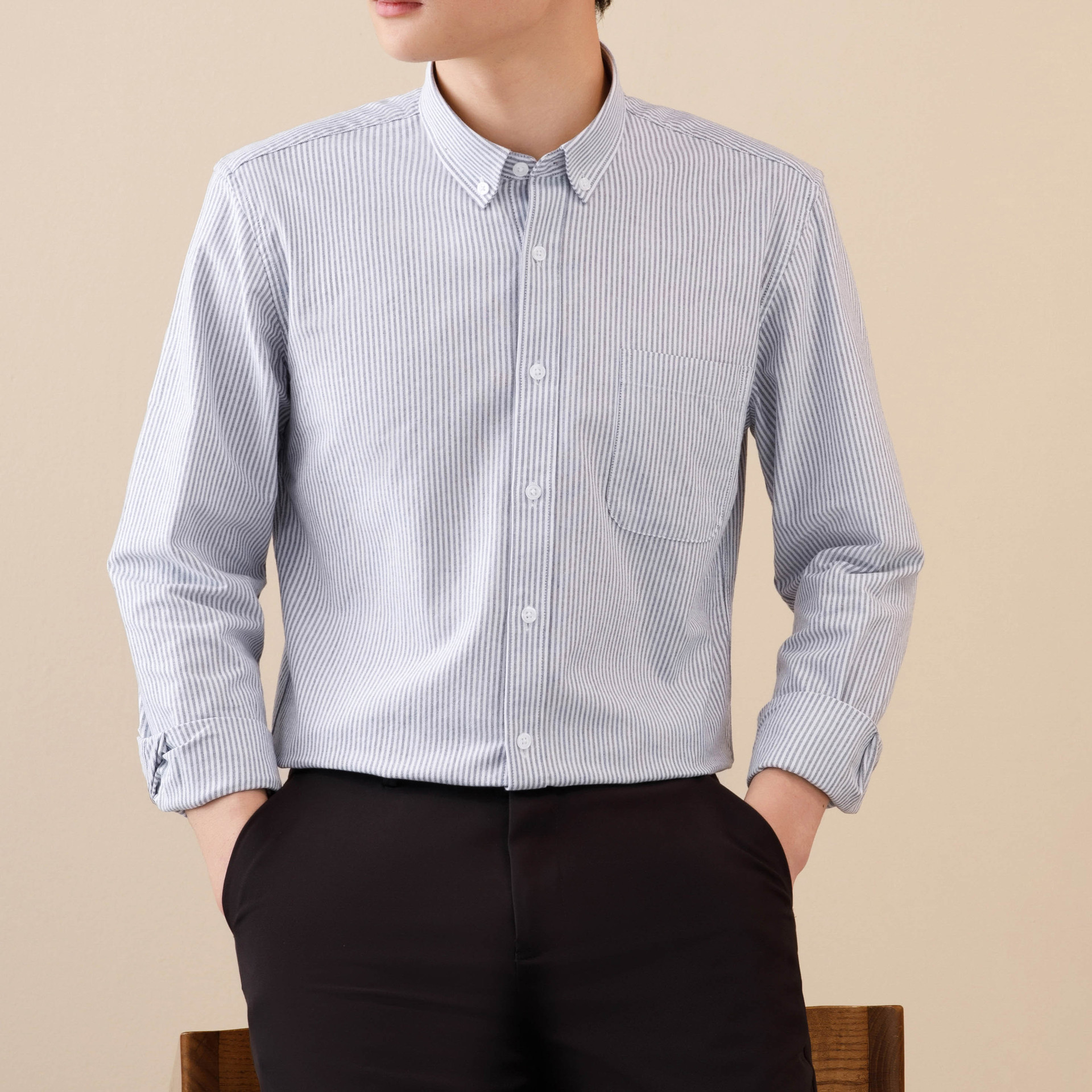 New autumn pure cotton vertical striped shirt for men, long-sleeved business casual, versatile Oxford fabric all-cotton shirt for men Specification image