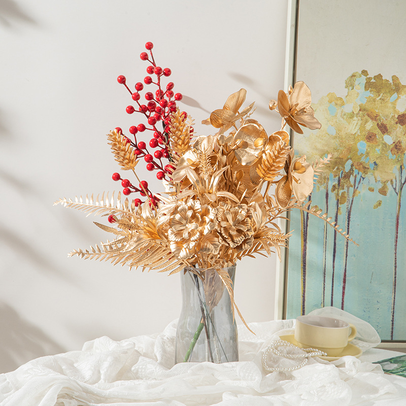 Gold Department Simulation Flower Eucalyptus Ginkgo Leaf Gold Fake Flower Home Decoration Wedding Hall Layout Plastic Flower Wholesale