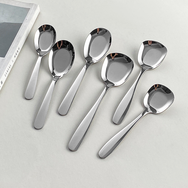 304不锈钢平底勺410大中小多规格布轮抛光厚重汤勺西餐勺餐厅调羹