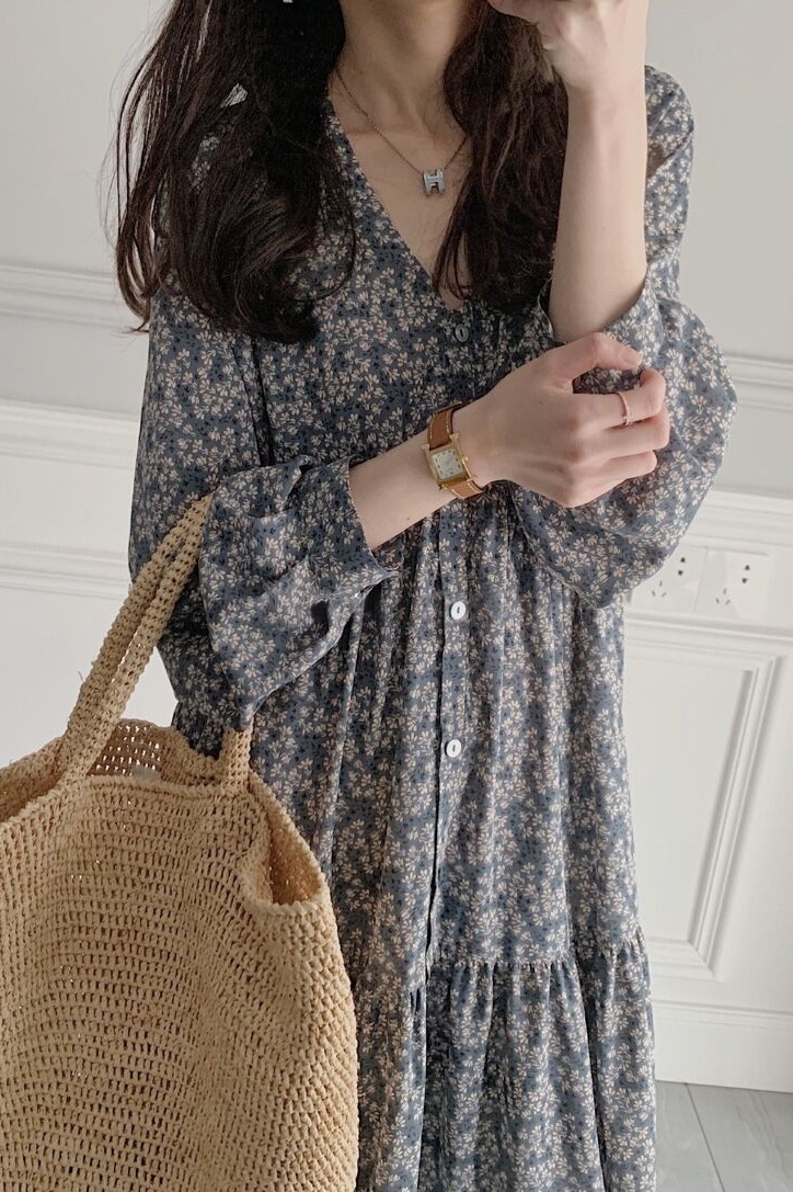 South Korea Dongdaemun 2023 Spring New French Flower Flower Long Sleeve Hepburn Style Ruffled Long Dress Specification drawing