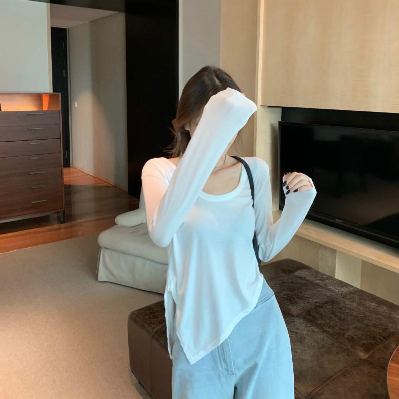 New Korean-style round-neck, thin, loose, slit and irregular base layer top for women's spring and autumn