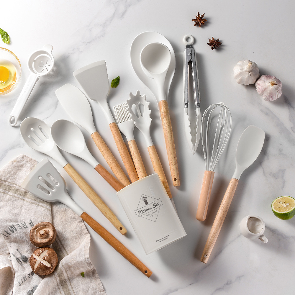 Cross-Border Wooden Handle Silicone Kitchenware Set Non-Stick Cooking Utensils 14-Piece Household Silicone Kitchenware Storage Bucket details Picture