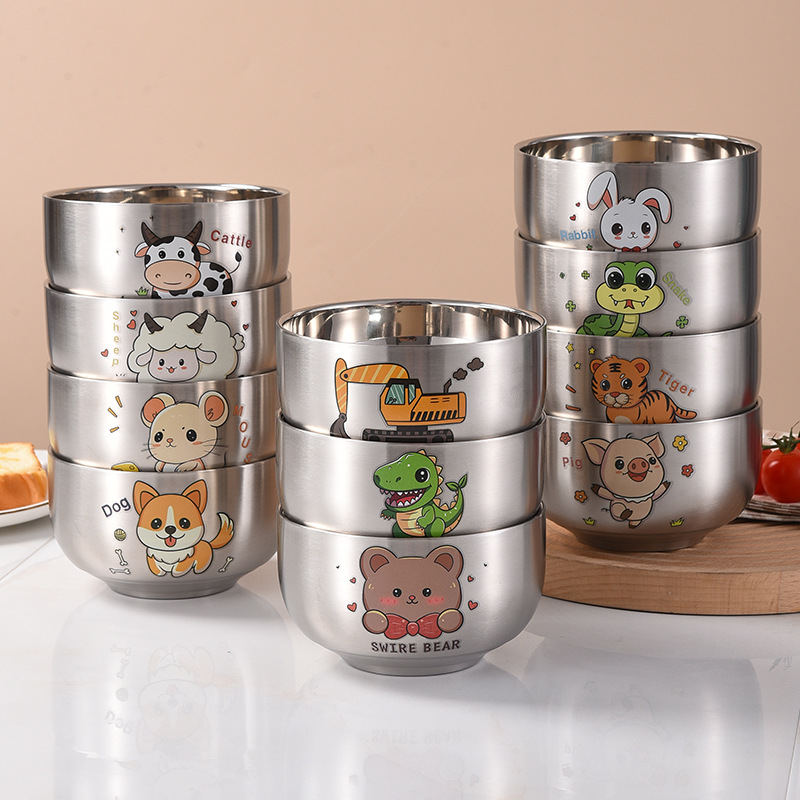 Cartoon Cute Children's Stainless Steel Bowl Food Grade 12 Zodiac Baby Heat Insulation Double Household Eat Rice Bowl To Prevent Falling