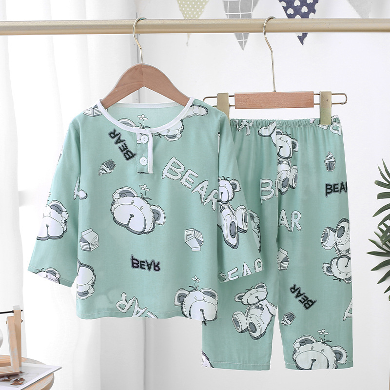 儿童睡衣夏季长袖薄款棉绸大童小孩男孩宝宝男童人造绵绸家居服