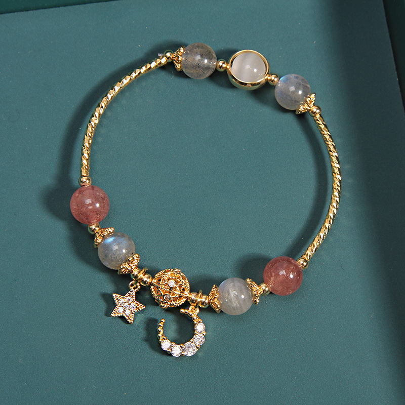 Natural moonstone crystal bracelet for women, strawberry crystal star and moon love bracelet, Instagram niche design Item Picture