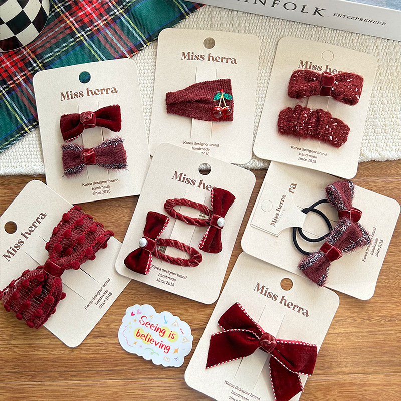 The new wine red girl's bow pearl fabric check pattern is versatile, sweet, and brings good luck for the New Year with bangs details Picture