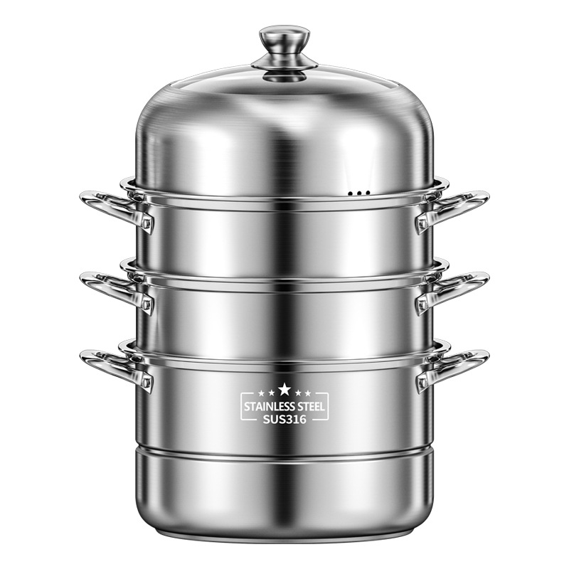 Steamer 316 Stainless Steel Three-Layer Household Thickened Steamer Steamer Steamer Steamed Steamed Buns Multi-Layer Steamed Fish Gas Cooker Induction Cooker Item Picture