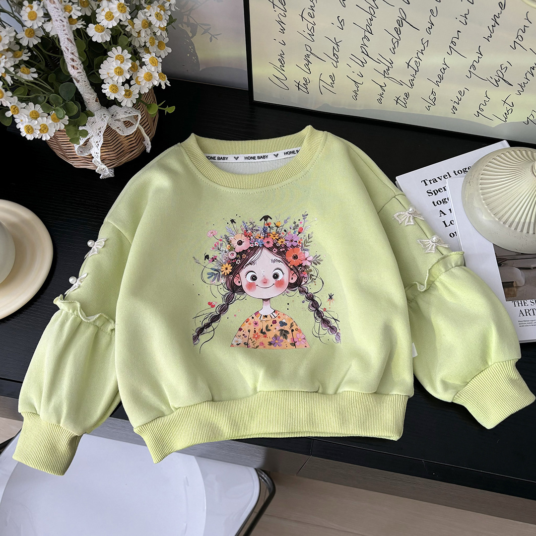 The new cotton baby princess bow cartoon long-sleeved spring and autumn sweatshirt for girls in the 2024 autumn is stylish with a round neck Specification image