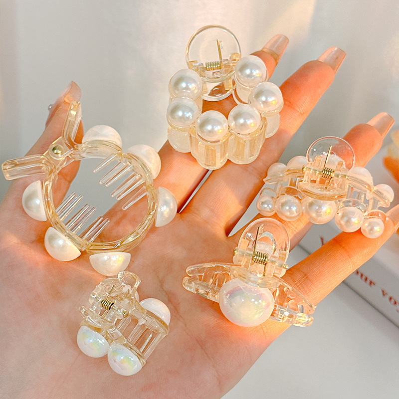 日系可爱珍珠抓夹少女透明发夹甜美鲨鱼夹女生高马尾固定神器发饰