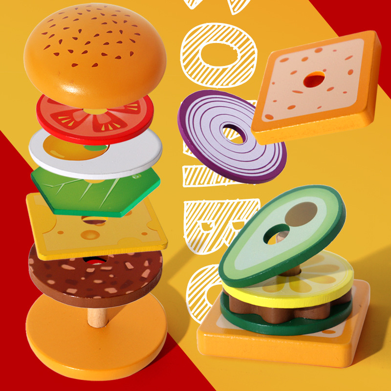 Children's wooden sandwich burger fries set post matching food cut kitchen assembly simulation play house toy details Picture