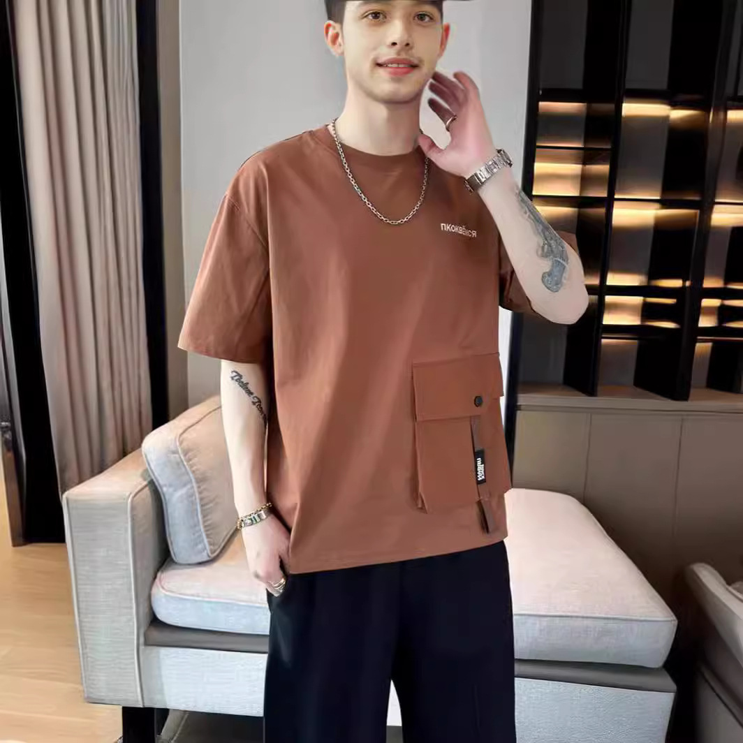 2024 Summer new short-sleeved T-shirt, thin, simple pocket, round neck, fashionable and trendy brand clothing, cool loose top