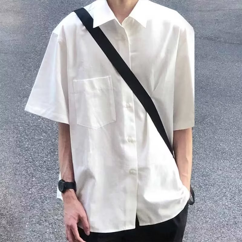 2023新款夏季痞帅宽松纯白色高级感衬衫男士短袖休闲衬衣一件代发