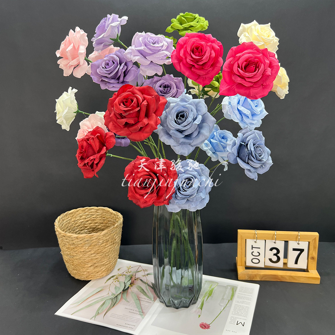 仿真3头钻石玫瑰仿真花婚礼堂装饰假花花墙瀑布玫瑰花外设道具