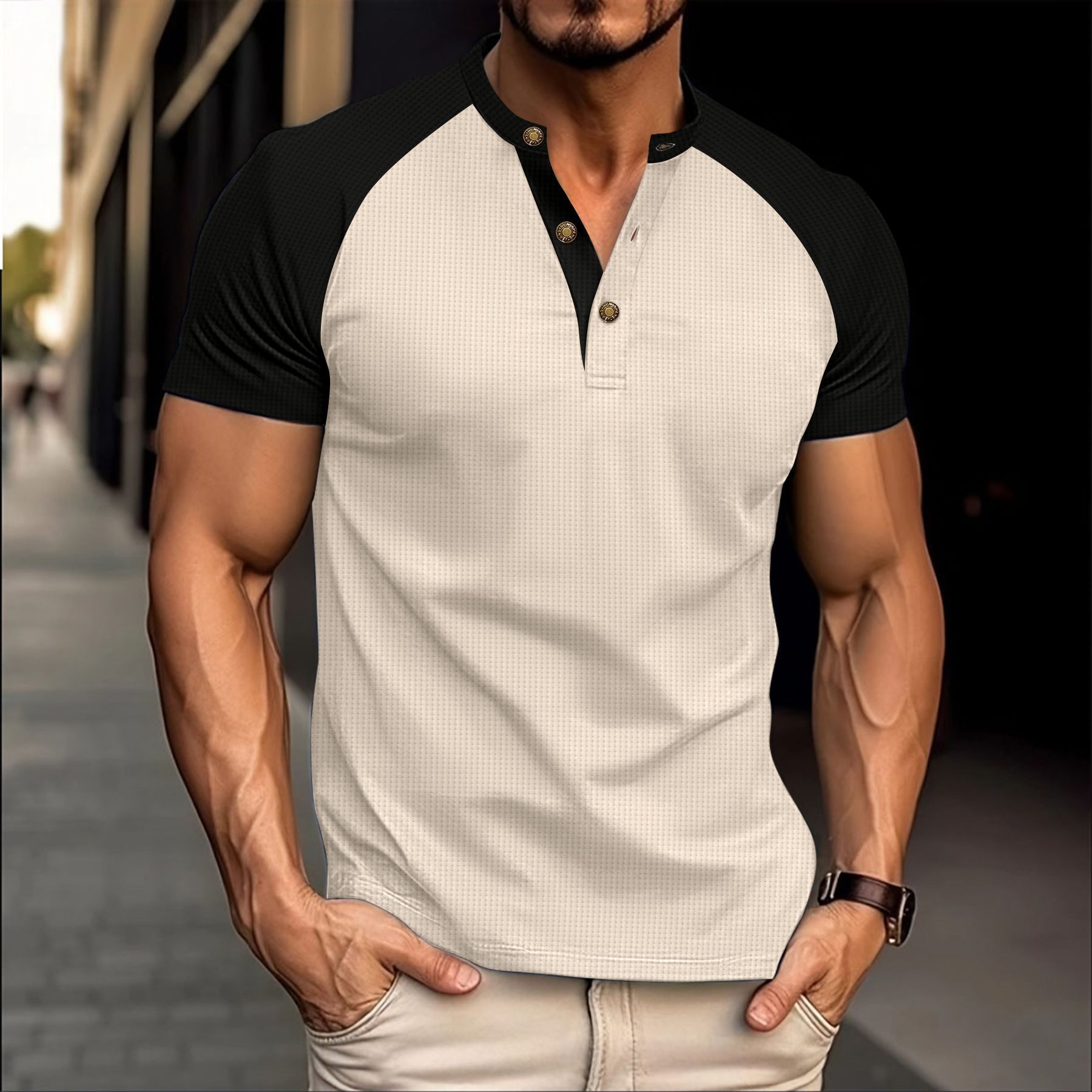 A new cross-border summer men's round-neck Waffle 3-button breathable color-blocked off-the-shoulder short-sleeved casual T-shirt details Picture