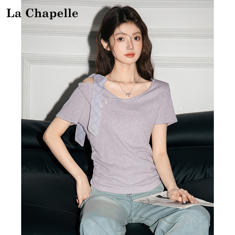 拉夏贝尔法式绑带不规则设计感短袖t恤女春夏季露肩修身短款上衣