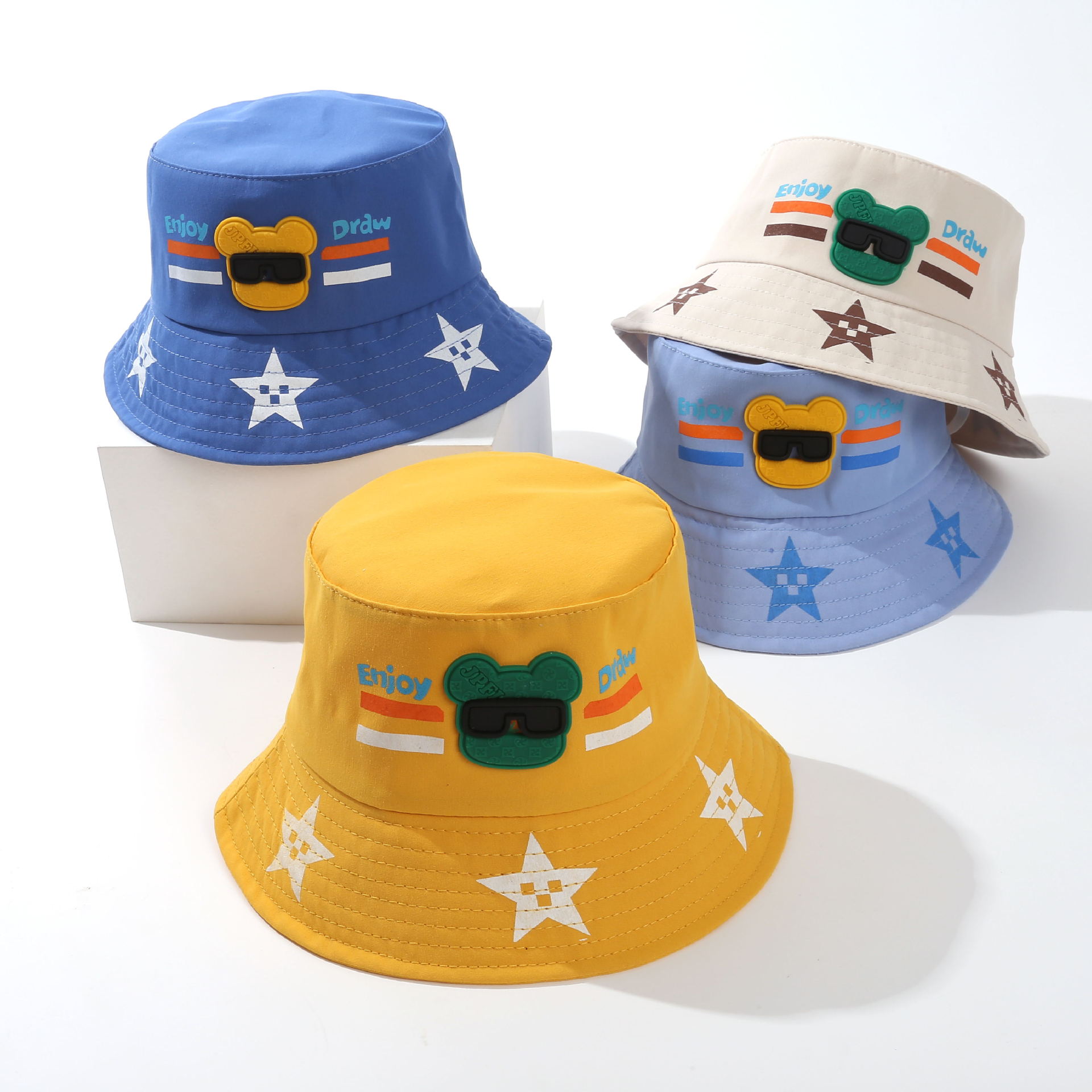 儿童帽子春季新款字母卡通墨镜熊渔夫帽男女宝宝休闲遮阳盆帽外贸