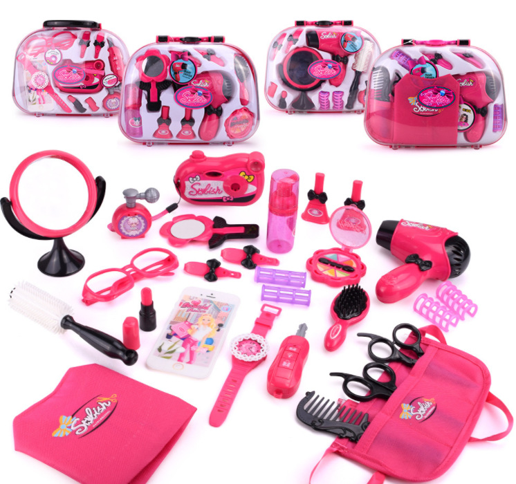 过家家梳妆套装仿真美容美发电动吹筒化妆手提盒玩具