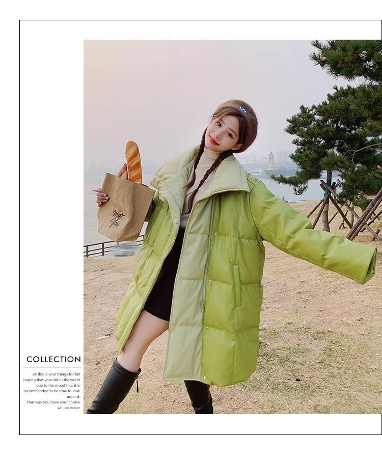 Aguacate verde pato blanco abajo PU piel abajo chaqueta para mujeres estilo mediano largo diseño de nicho sentido influencers estilo explosivo abrigo sin lavado pic 11