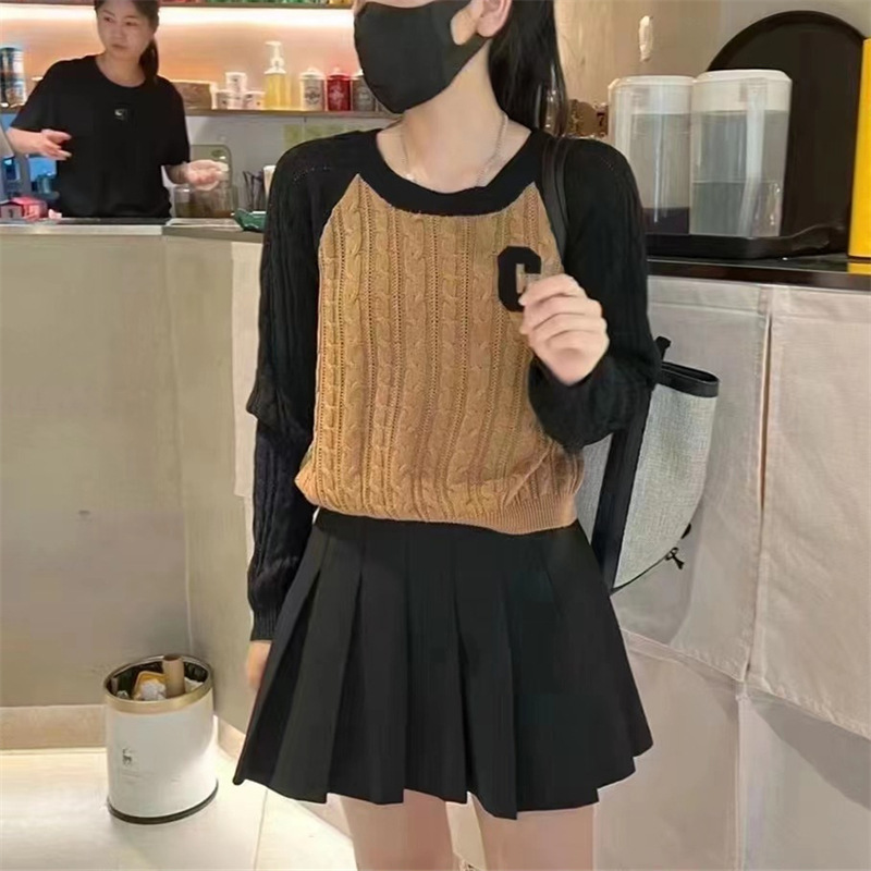 Early autumn women's knitted sweater 2022 new style letter patch long-sleeved round-neck loose pullover sweater women's trendy color contrast details Picture