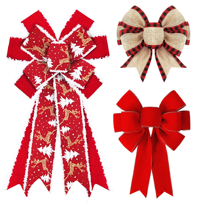 圣诞节蝴蝶结红色圣诞装饰圣诞树挂件雪花边绒带花环绒布仿麻织带