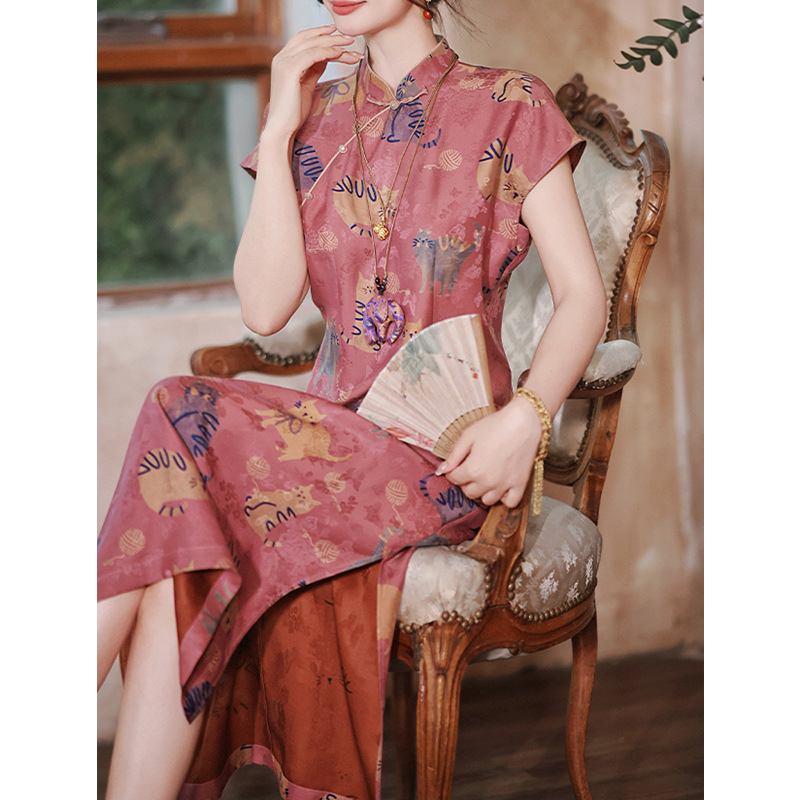 Re-forged red cloud gauze 26mm silk cheongsam 2025 New Chinese Style 100 mulberry silk flower Brocade dress Prosperity Meow