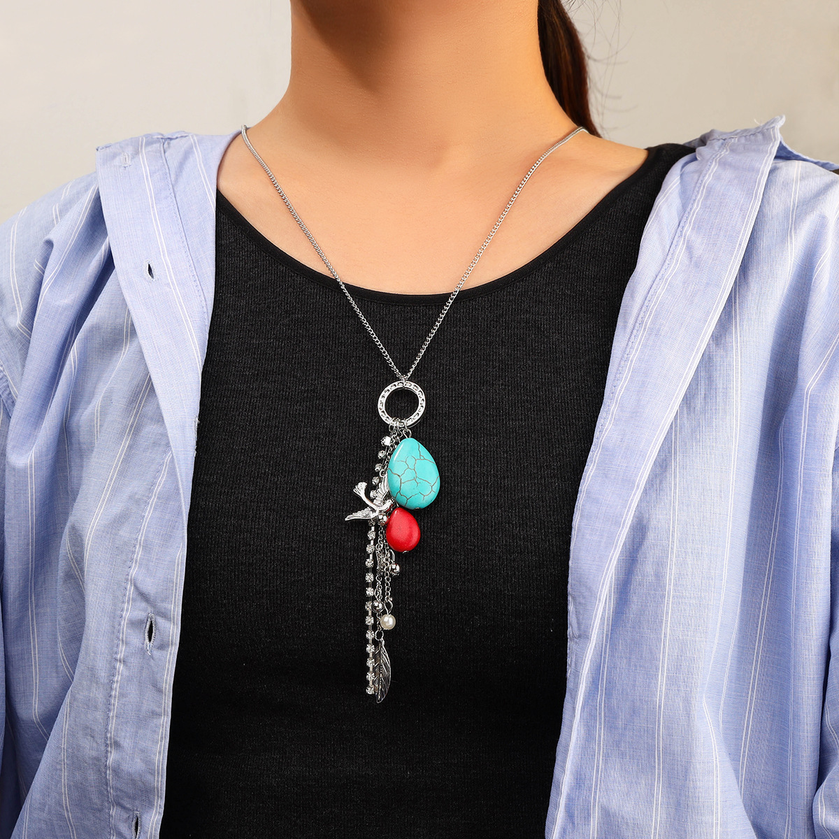 New Hip Hop Rap Personality Alloy Necklace Natural Stone Feather Pendant Collarbone Chain Long Collar Accessories Wholesale Specification drawing