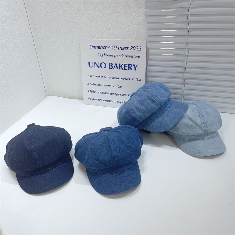 Denim berets, women's retro octagonal hats, sun-protective painter hats, versatile face-enhancing small sun hats, casual baseball caps, trendy details Picture