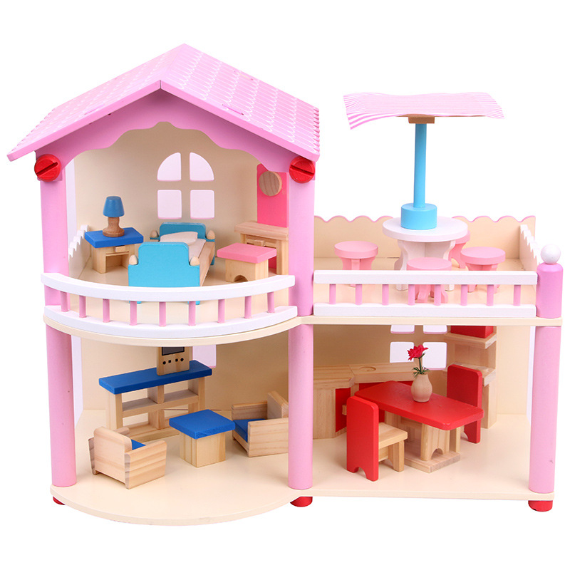 4-6 years old wooden cute pink simulation boys and girls play every double-storey villa children's doll house wholesale Item Picture