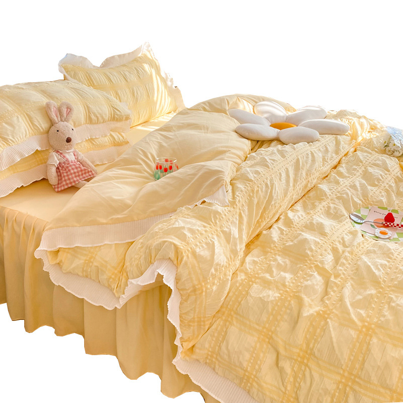 ins Seep yarn four-piece set, plain lace princess-style full soft cotton quilt cover, pleated washed cotton bed sheet three-piece set details Picture