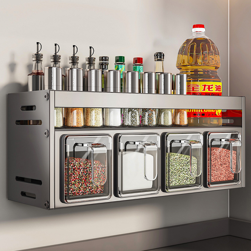 Kitchen seasoning box storage rack, no need for drilling, wall-mounted multi-functional seasoning jars and bottles, seasoning combination set storage rack