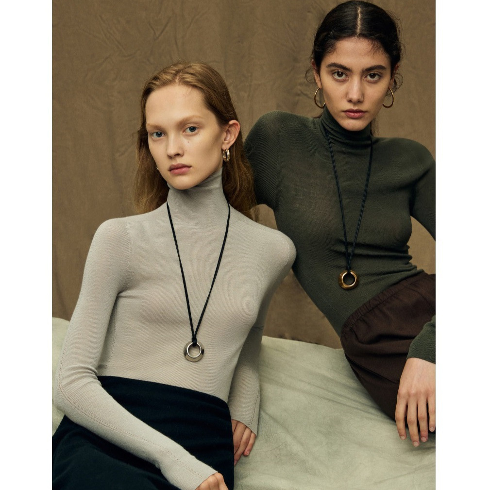 Italian 嵿 luxury 120s washable 160s gold wool 18-needle seamless base knit top for women