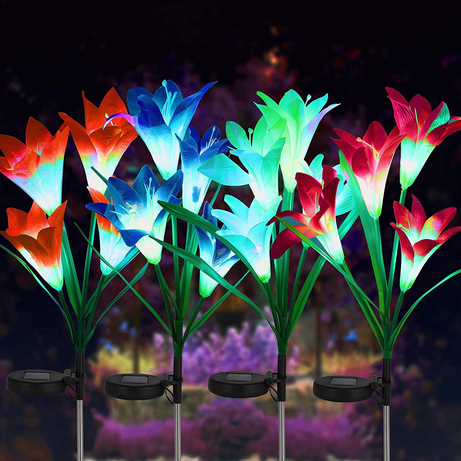 amazon cross-border solar 4-head lily flower lamp, simulation outdoor garden lamp, LED courtyard lamp, ground plug lawn lamp full figure