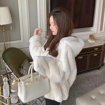Faux fur coat for women Autumn-winter loose faux Rex rabbit fur and cashmere thickened stand-up collar zipper hoodie Korean version plush coat