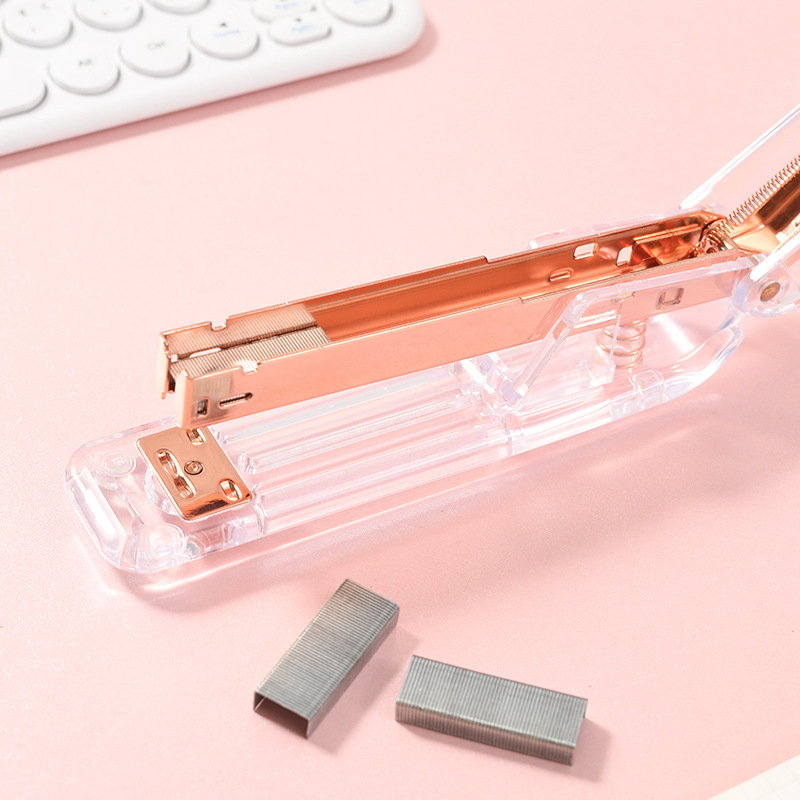 Factory direct supply transparent rose gold stapler, office large 12-sized stapler, cross-border labor-saving binding and stapling machine details Picture