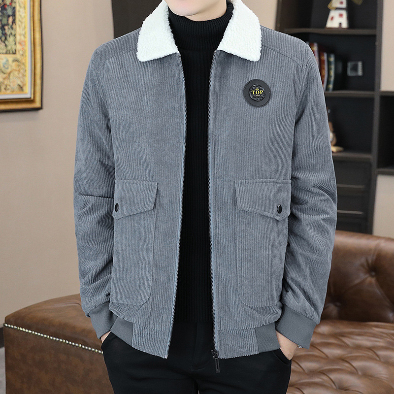 Men's autumn and winter cotton clothes, work clothes, warm wool-collared cotton jackets, thickened with fleece, lambskin and corduroy jackets