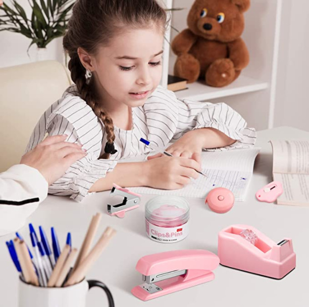 Small order custom pink office stationery set wholesale cross-border stapler scissors book multifunctional binding combination details Picture