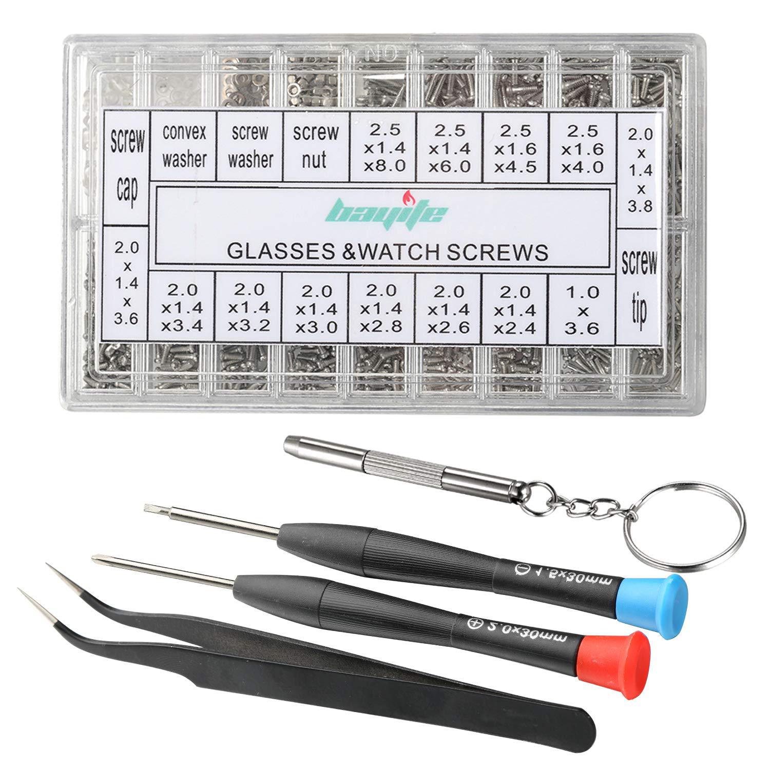 1000pcs Eyewear and watch repair kit, screws, nuts, tweezers/flat-head/cross-head/screwdriver tools