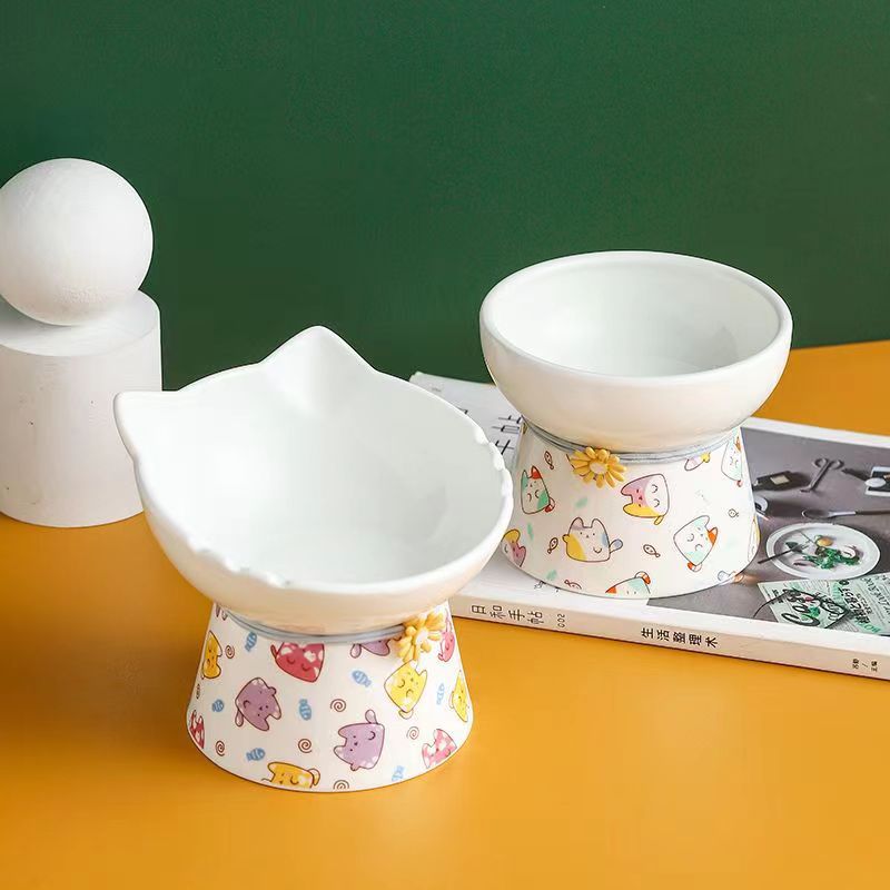 Cat Bowl Ceramic Cat Food Bowl Dog Bowl Anti-Upset One High Foot Diagonal Cute Cat Shape Water Food Bowl Pet Specification drawing