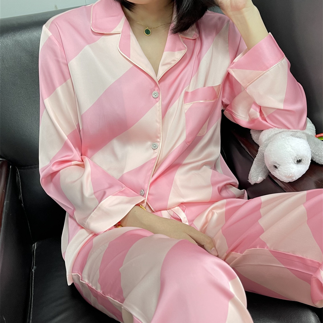 春秋热巴同款粉红色条纹冰丝睡衣长袖套装现货无痕代发详情图4