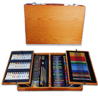 174件绘画套装水彩笔彩铅颜料蜡笔双层木盒绘画工具套装