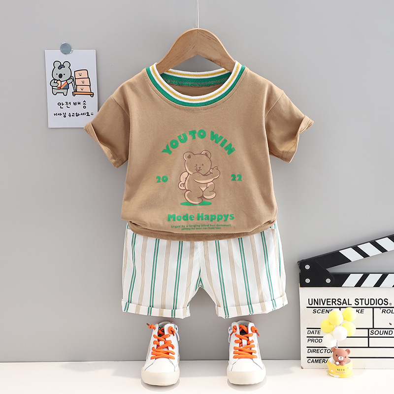 2022 Summer New Style Boys' Cool round-neck Bear short-sleeved set, children's T-shirt, striped casual Pants two-piece set